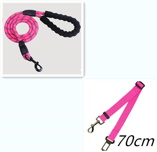 65553d0e476faf20ef477285f49ee2e4Person walking a dog on a reflective nylon dog leash in a forested area.