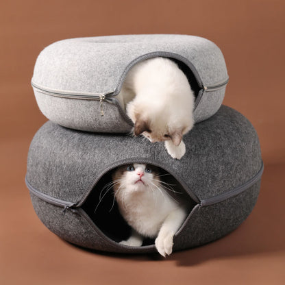 Two cats playing in a round woolen felt pet dual-use cat nest tunnel, showcasing the 2-in-1 felt cat tunnel bed.