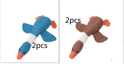 Interactive plush squeaky dog toy in brown and blue, ideal for dogs to play and cuddle.