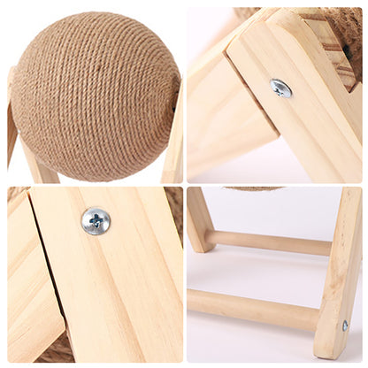 Sisal vertical cat toy featuring a cat playing with a round sisal ball on a wooden stand, promoting feline activity.