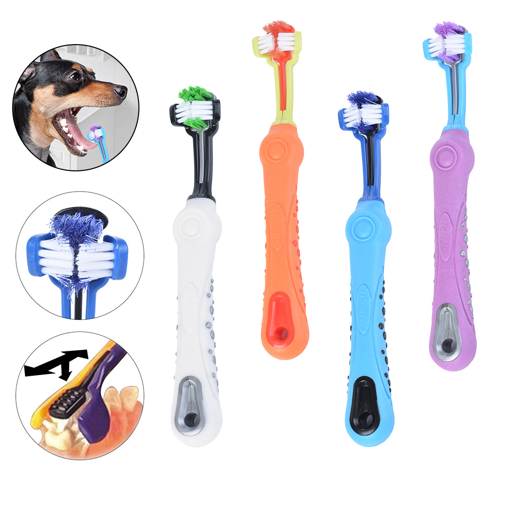 Three sided pet toothbrush set for effective dog dental care and bad breath prevention.