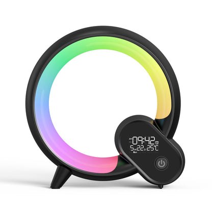 Sunrise alarm clock Bluetooth speaker with unique circular design and digital display.