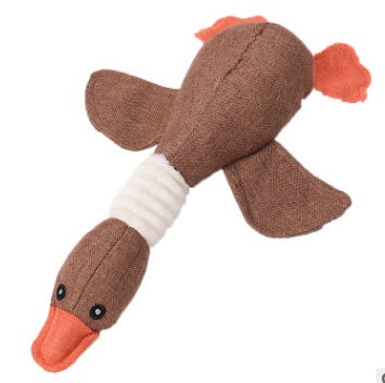 Interactive plush squeaky dog toy in brown and blue, ideal for dogs to play and cuddle.