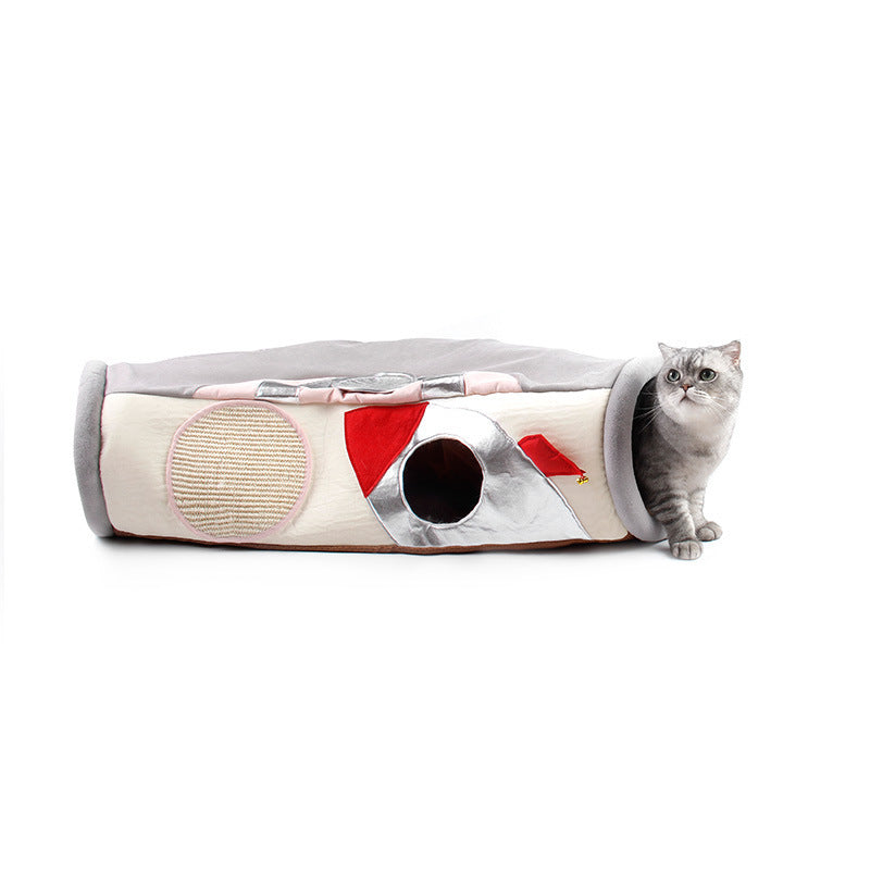 Foldable cat tunnel bed with a playful design and a cat nearby, perfect for interactive play and relaxation.