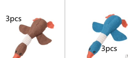Interactive plush squeaky dog toy in brown and blue, ideal for dogs to play and cuddle.