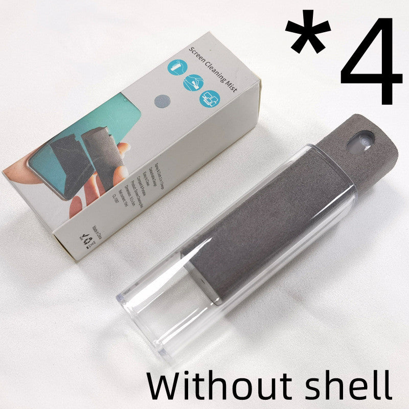 Portable mobile phone screen cleaner set in use, featuring microfiber wipe and cleaning fluid in a compact design.