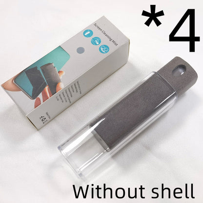Portable mobile phone screen cleaner set in use, featuring microfiber wipe and cleaning fluid in a compact design.