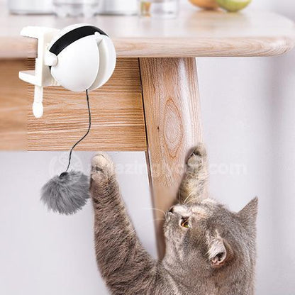 Interactive electronic cat toy in use, providing engagement and playtime for a curious cat.