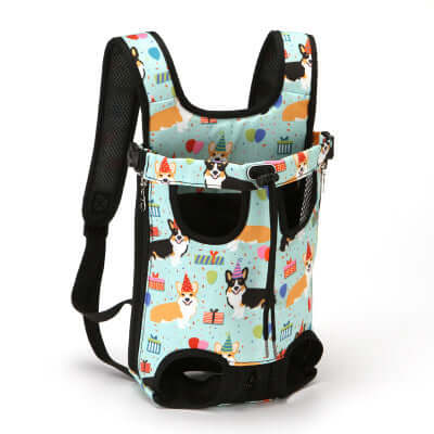 Dog carrier sling featuring colorful corgi patterns, ideal for pet travel and convenience.