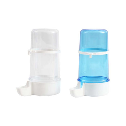 Automatic bird water dispenser in blue and clear designs for pet birds.