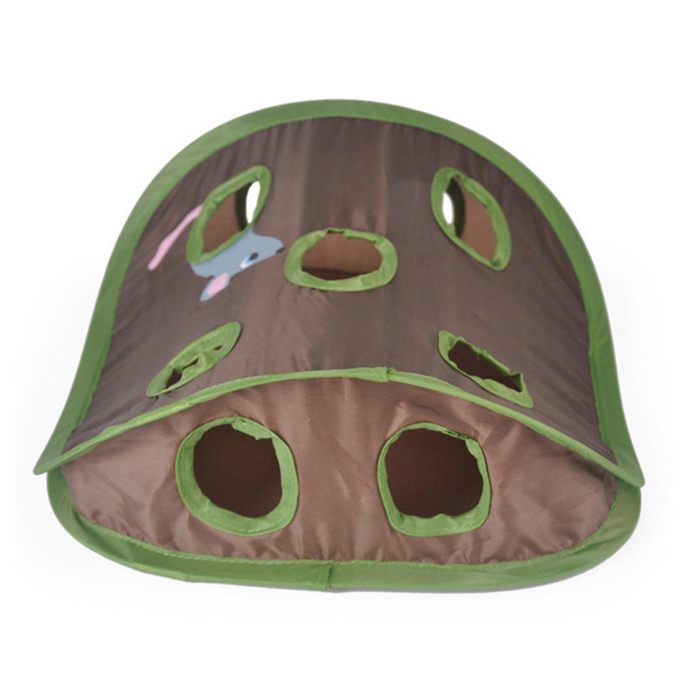 Interactive cat hide and seek toy with nine holes and colorful mouse, perfect for engaging feline play.