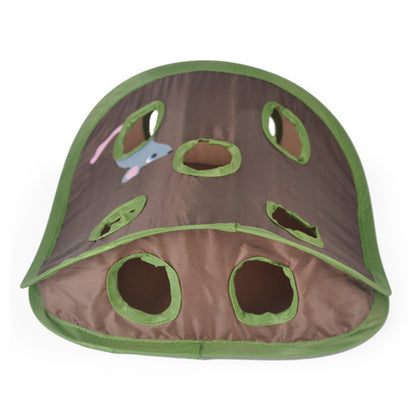 Interactive cat hide and seek toy with nine holes and colorful mouse, perfect for engaging feline play.