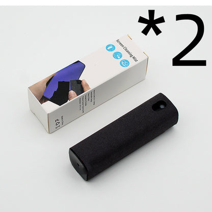 Portable mobile phone screen cleaner set in use, featuring microfiber wipe and cleaning fluid in a compact design.