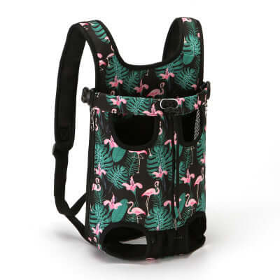 Pet chest bag with flamingo pattern, designed as a dog carrier sling for pets in various sizes.