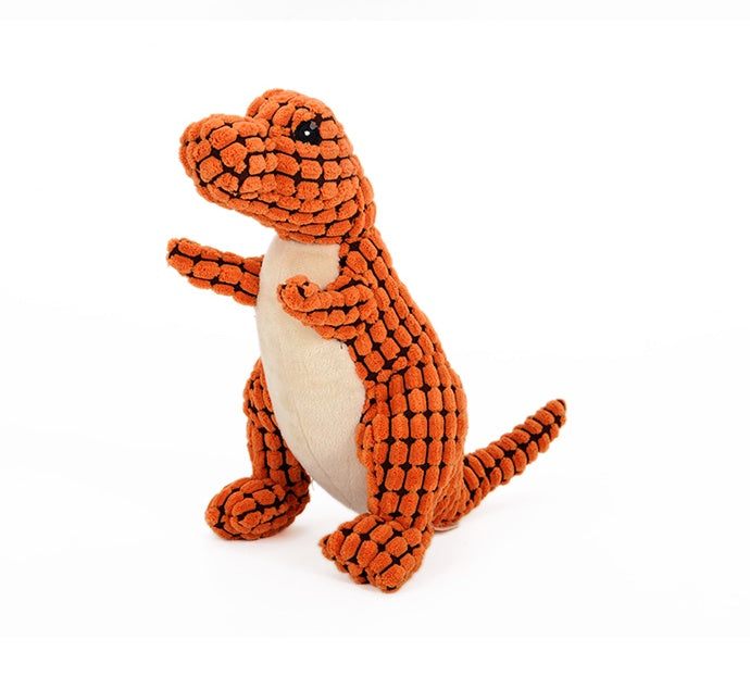 Close-up of a person squeezing a soft dinosaur squeaky dog toy in orange color.