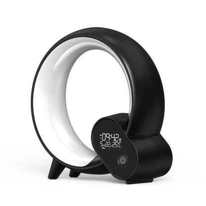 Sunrise alarm clock Bluetooth speaker with unique circular design and digital display.