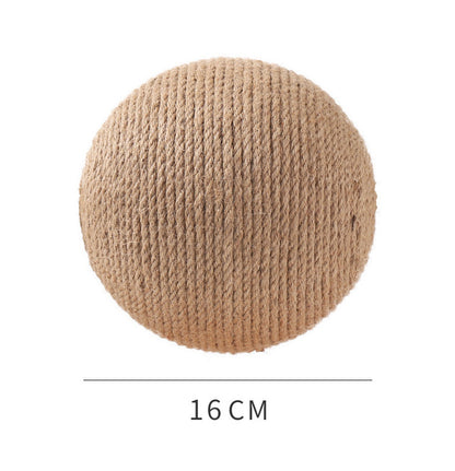 Sisal vertical cat toy featuring a cat playing with a round sisal ball on a wooden stand, promoting feline activity.