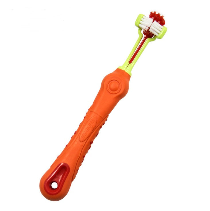 Three sided pet toothbrush set for effective dog dental care and bad breath prevention.