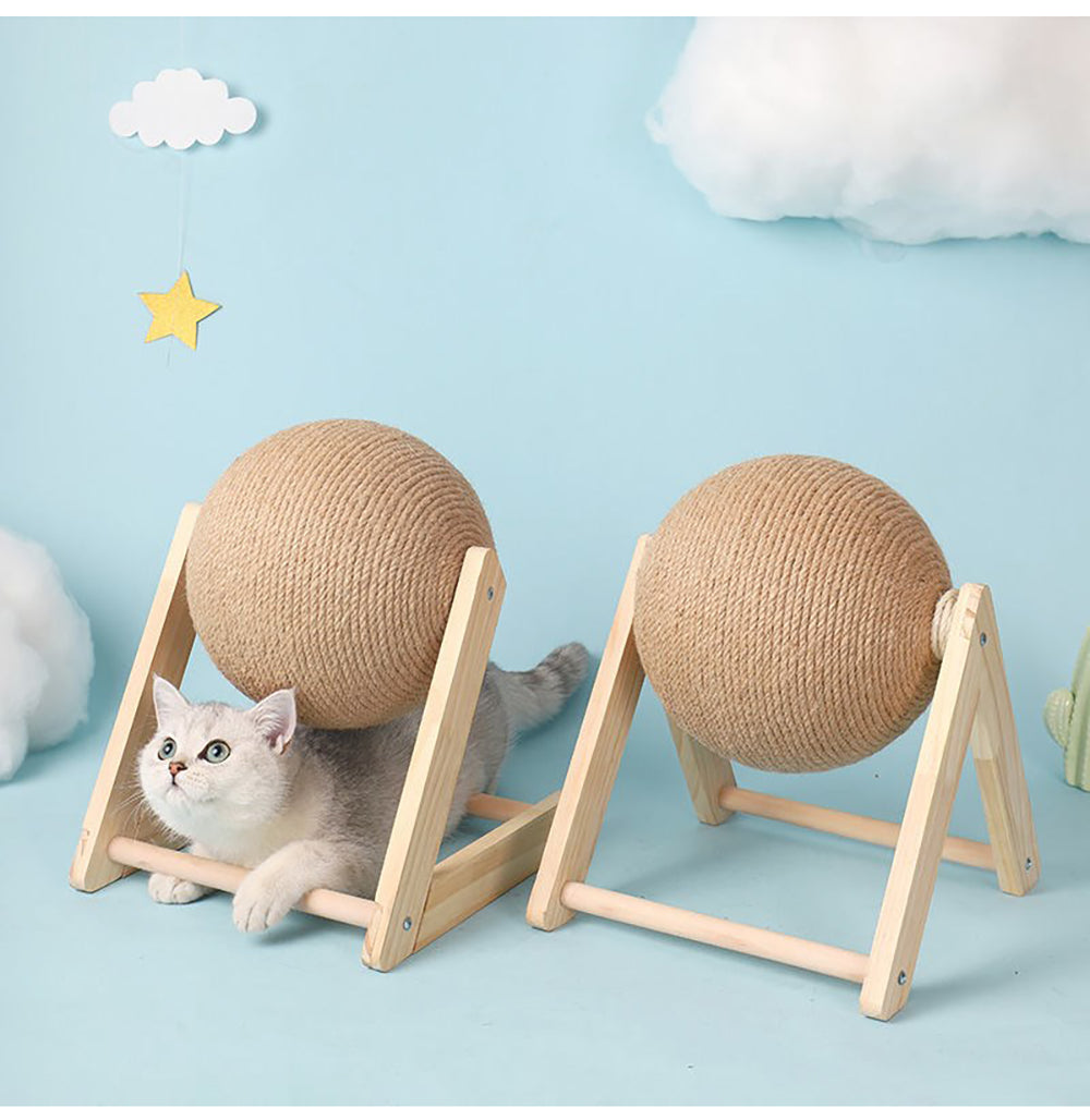 Sisal vertical cat toy featuring a cat playing with a round sisal ball on a wooden stand, promoting feline activity.