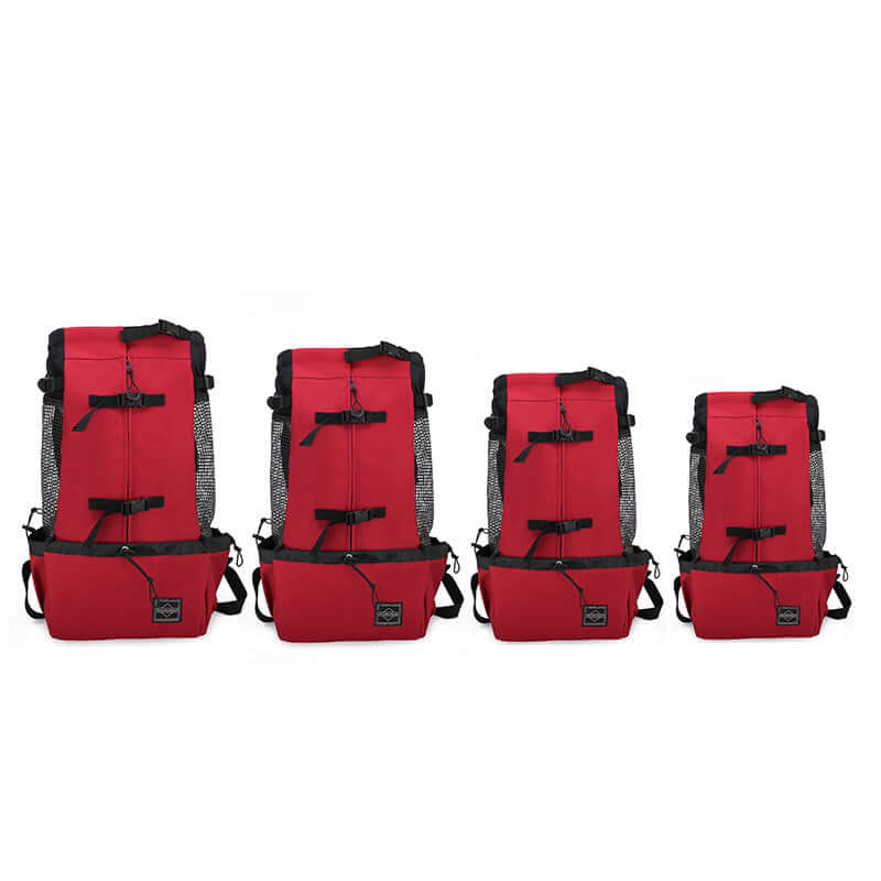 Dog carrier backpack for small dogs & cats in red, showcasing sturdy and lightweight design for adventurous outings.