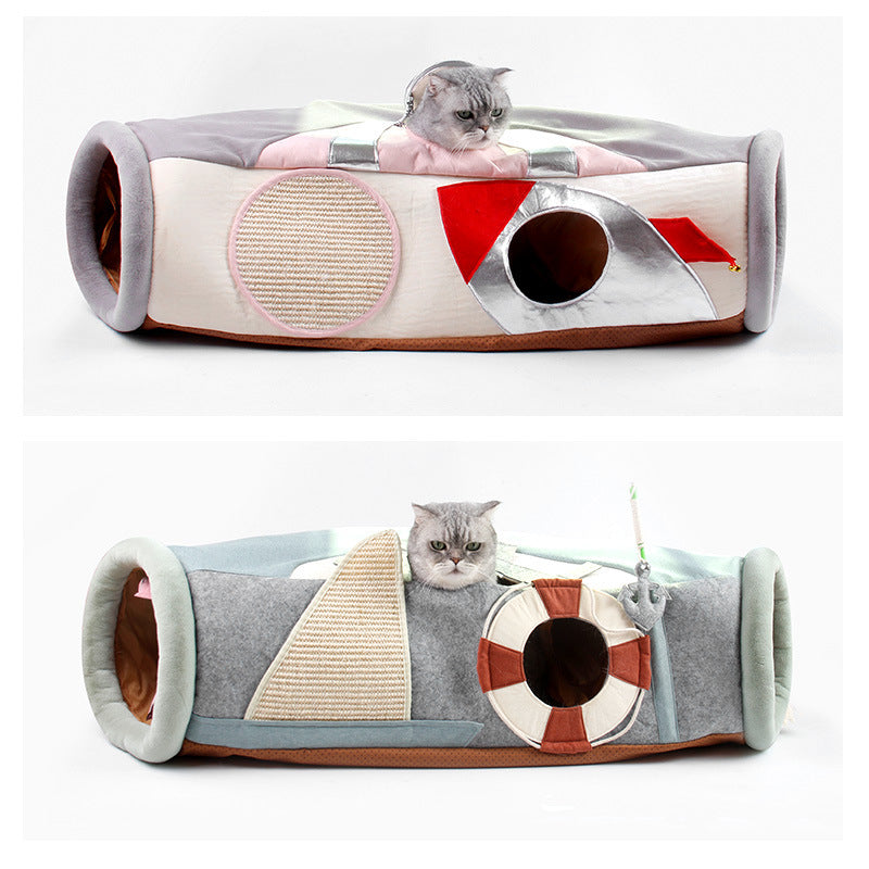Foldable cat tunnel bed featuring a semi-enclosed design, providing comfort and play for cats.