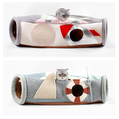 Foldable cat tunnel bed featuring a semi-enclosed design, providing comfort and play for cats.