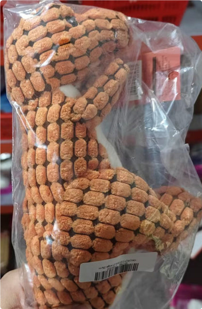 Close-up of a person squeezing a soft dinosaur squeaky dog toy in orange color.