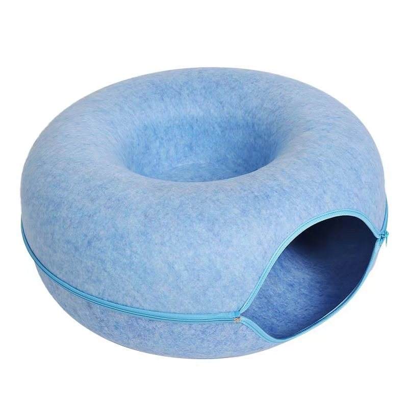 Gray felt cat tunnel bed, cozy pet cave made of natural felt material, ideal for cat relaxation and play.