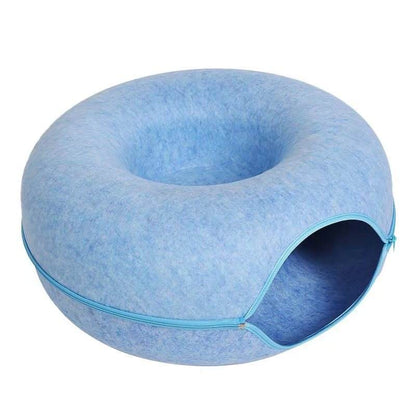 Gray felt cat tunnel bed, cozy pet cave made of natural felt material, ideal for cat relaxation and play.