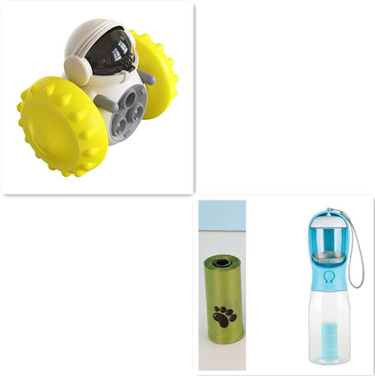 Interactive slow feeder dog toy on wheels with yellow tires for pets play and feeding enrichment.