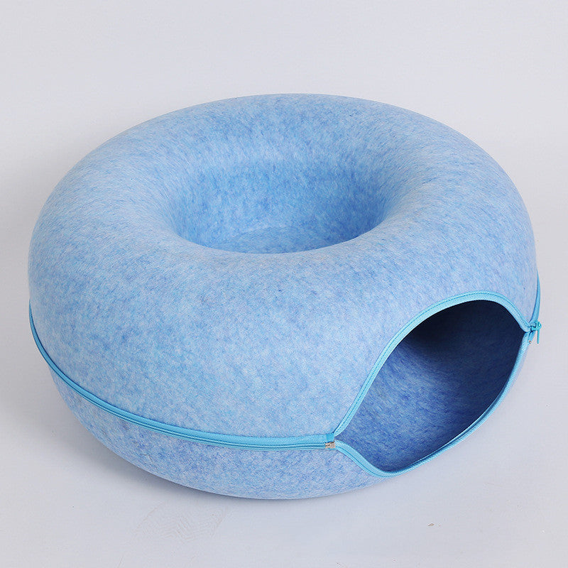Two playful cats interacting with a 2-in-1 felt cat tunnel bed in stylish grey felt.