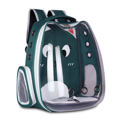 Bubble Pet Backpack Carrier for Cats & Small Dogs in green with transparent window and breathable ventilation.