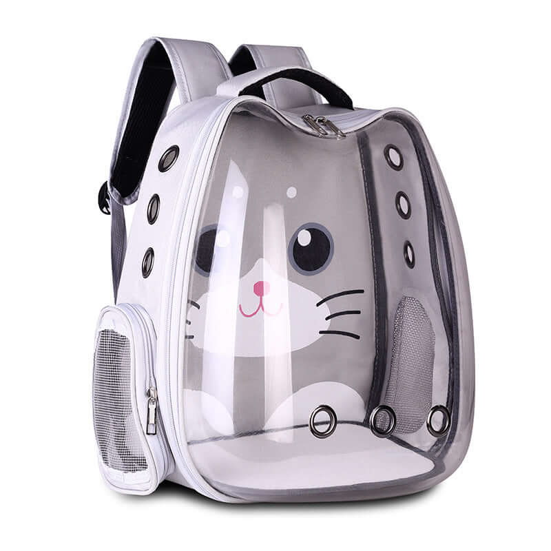 Bubble Pet Backpack Carrier for Cats & Small Dogs in grey with transparent bubble window and breathable design.
