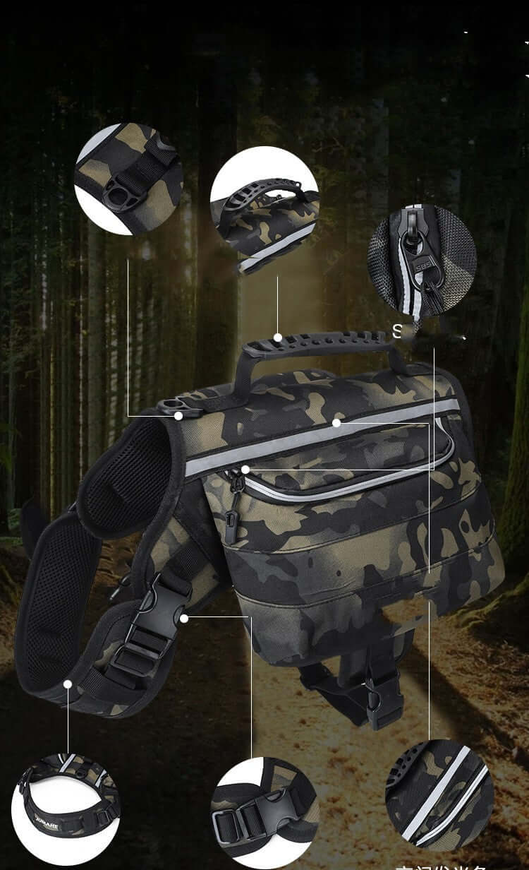Large dog hiking backpack in night camouflage, showcasing durable design and versatile features for outdoor adventures.
