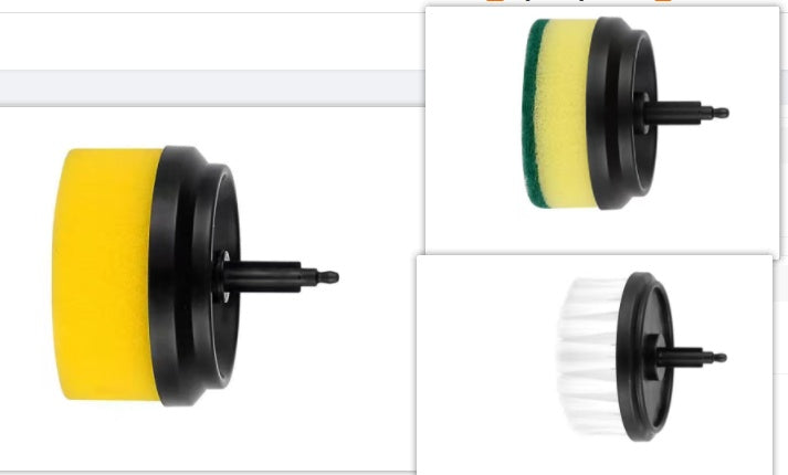 Various brush heads for automatic electric cleaning brush, featuring yellow sponge, green scrub, and white bristle designs.