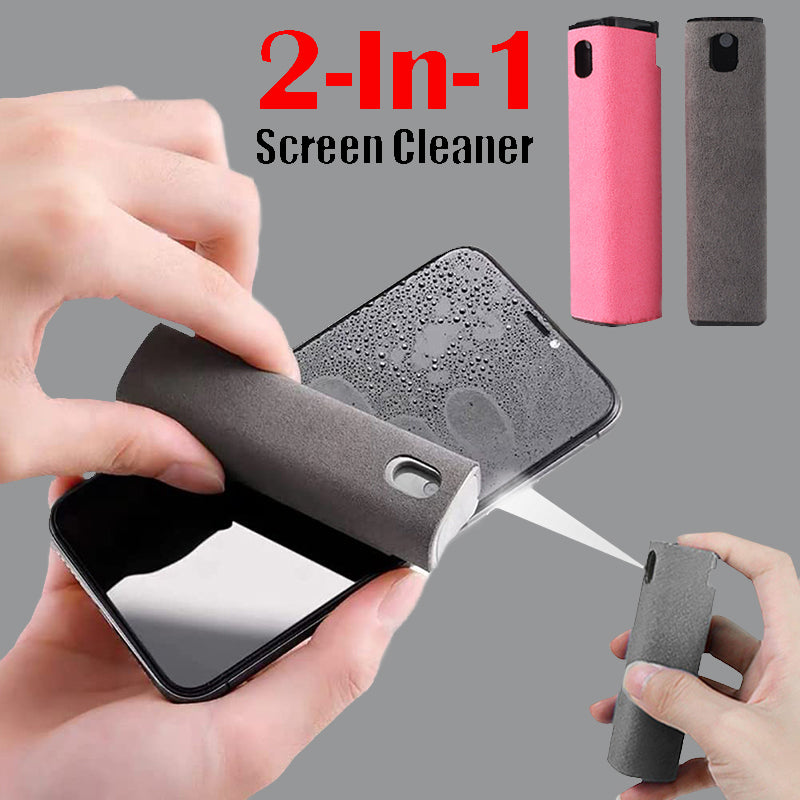 Portable mobile phone screen cleaner set in use, featuring microfiber wipe and cleaning fluid in a compact design.