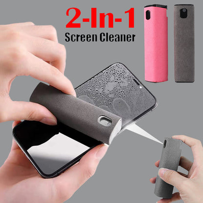 Portable mobile phone screen cleaner set in use, featuring microfiber wipe and cleaning fluid in a compact design.