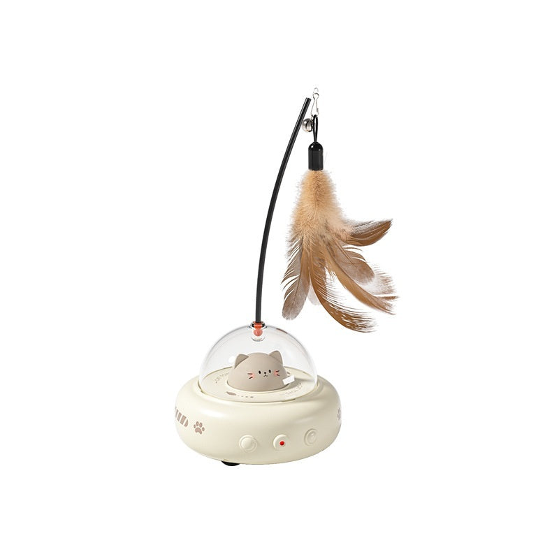 Electric cat teaser toy with natural feathers and laser for interactive play, features automatic obstacle avoidance.