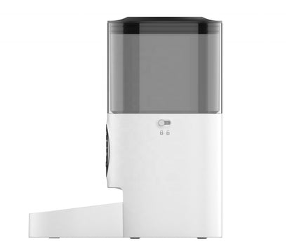 wifi automatic pet feeder side view showing food container and control panel.