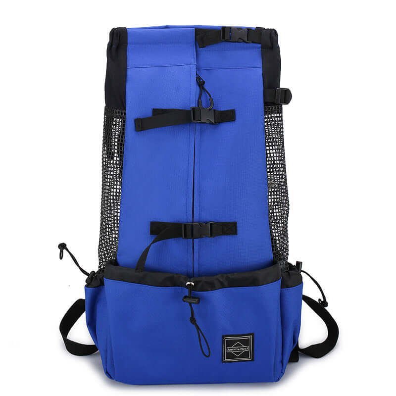 Dog carrier backpack in blue designed for small dogs and cats, featuring adjustable straps and breathable mesh.