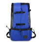Dog carrier backpack in blue designed for small dogs and cats, featuring adjustable straps and breathable mesh.