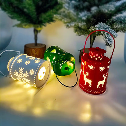 LED Christmas candle lanterns in white, green, and red with festive designs, creating a warm holiday ambiance.