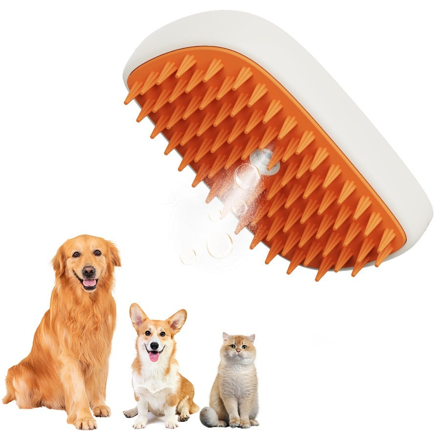 USB rechargeable steam pet grooming brush with orange bristles and pets in the background.