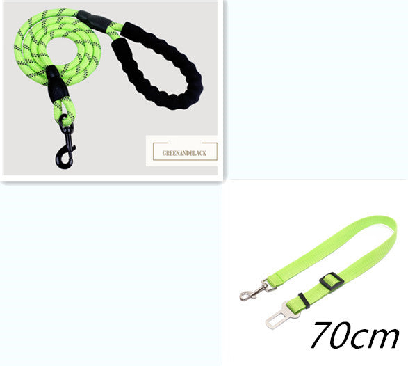 Person walking a dog on a reflective nylon dog leash in a forested area.