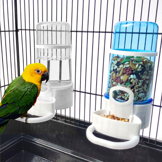 Automatic bird water dispenser with attached food container, featuring a colorful parrot nearby.