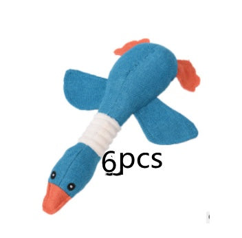Interactive plush squeaky dog toy in brown and blue, ideal for dogs to play and cuddle.