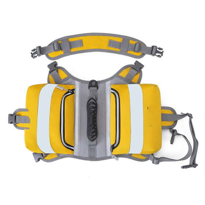 Large dog hiking backpack in yellow with reflective stripes and adjustable straps for outdoor adventures.