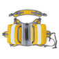 Large dog hiking backpack in yellow with reflective stripes and adjustable straps for outdoor adventures.