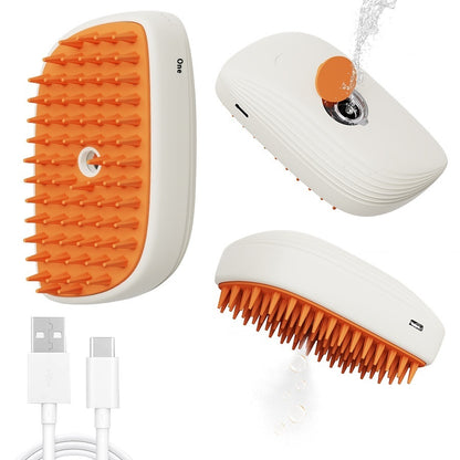USB rechargeable steam pet grooming brush with orange bristles and water spray feature for gentle pet grooming.