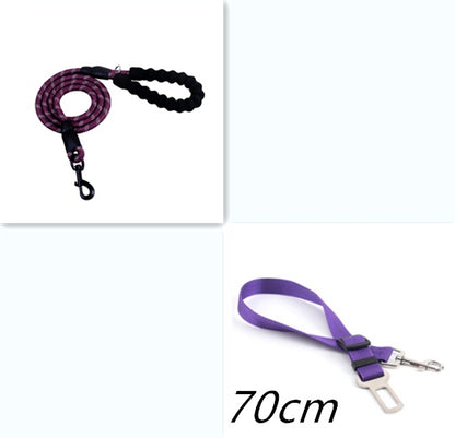 Person walking a dog on a reflective nylon dog leash in a forested area.